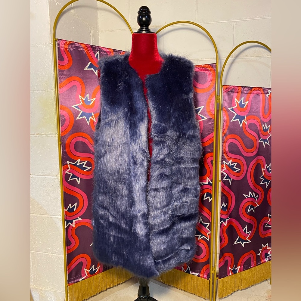 Long indigo blue faux fur vest